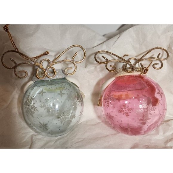 Blown Glass Christmas Ornament Snowmen Angels Blue and Pink Peace and Love - Picture 4 of 4